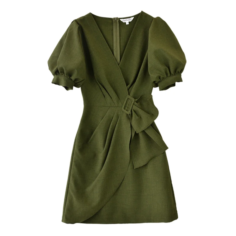 Dabuwawa лето OL стиль элегантное темпераментное платье Женский армейский зеленый v-образным вырезом фонарь рукав платье D18BDR260