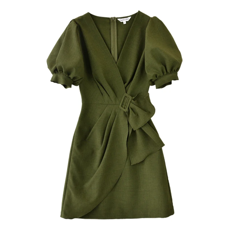  Dabuwawa Summer New OL Style Elegant Temperament Dress Women Army Green V-Neck Lantern Sleeve Dress