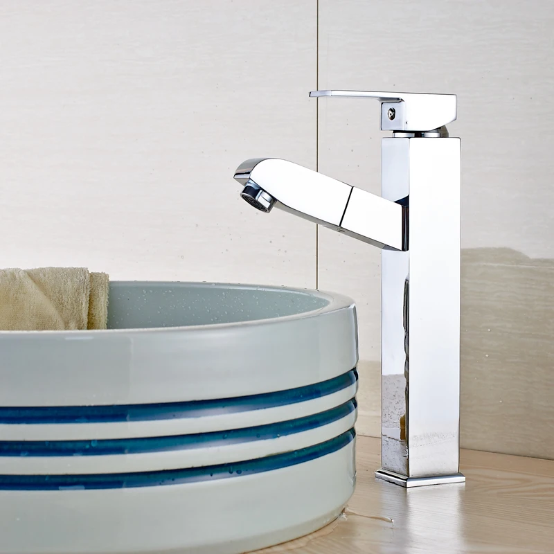 

Chrome Finished Deck Mounted Bathroom Sink Faucet Pull Out Hot and Cold Water Mixer Tap
