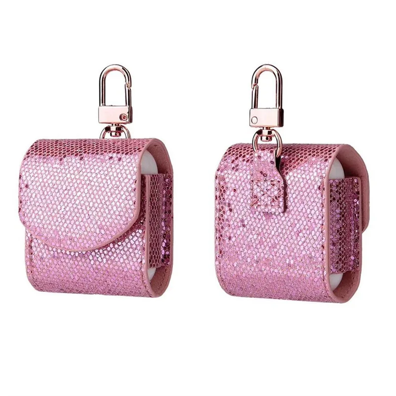 Headphone Bling Case For AirPods Case Magnetic Closure Leather Cover With Anti-lost Keychain Glitter 40MAY282