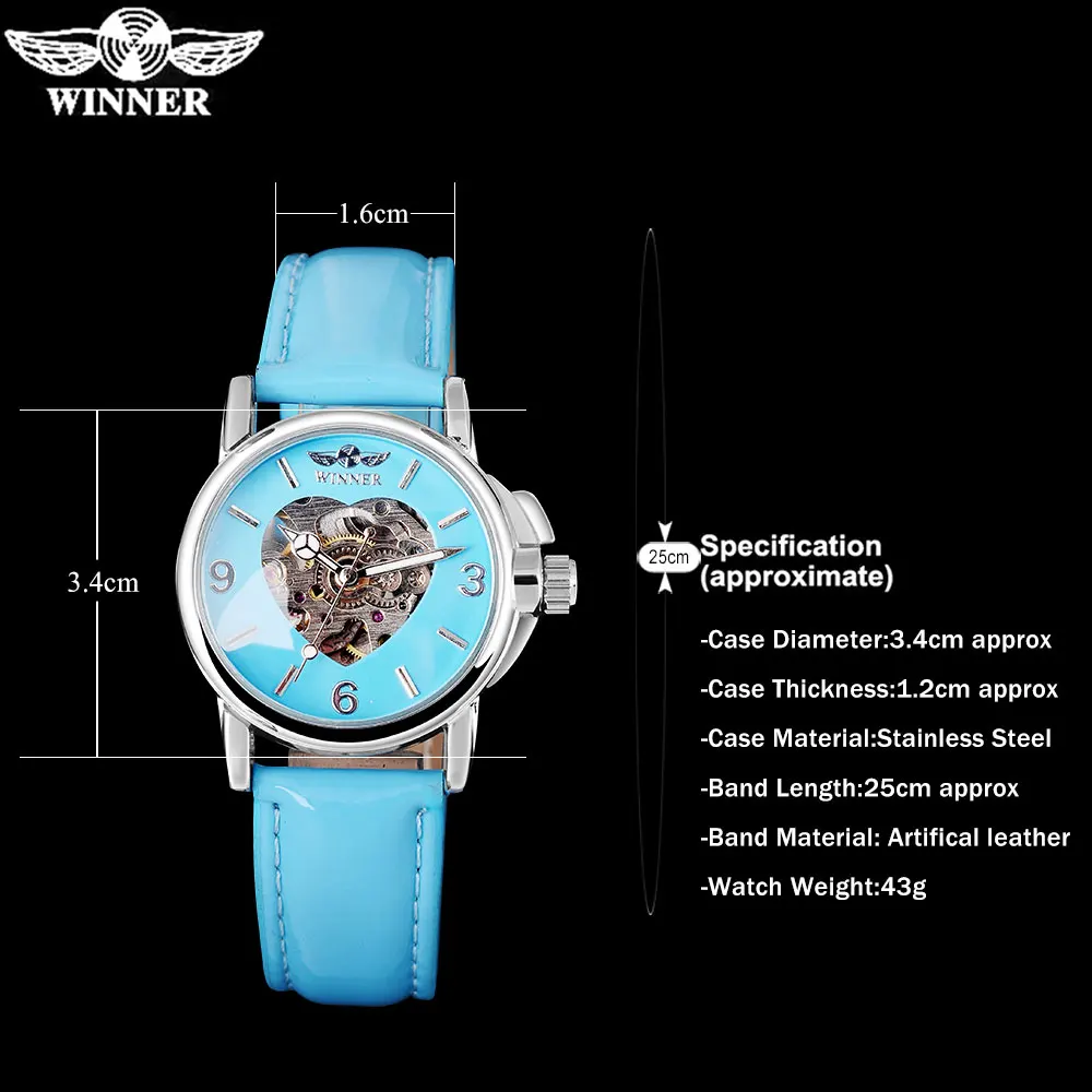 Бренд WINNER, модные повседневные часы для женщин, женские автоматические механические наручные часы со скелетом в форме сердца, небесно-голубой кожаный ремешок