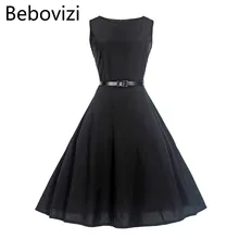 Bebovizi 2018 Verano de Color sólido negro rojo verde Audrey Hepburn 50s Vintage vestido para las mujeres de noche partido Midi vestidos ropa