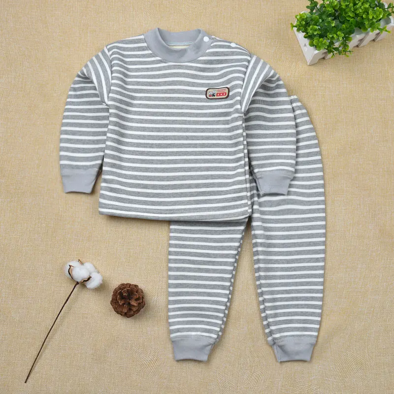 Детские пижамы для новорожденных 12, 18, 24 месяцев, футболка и штаны, 2 предмета, спальный костюм, одежда для сна Одежда из чесаного хлопка и бархата - Цвет: Gray Striped