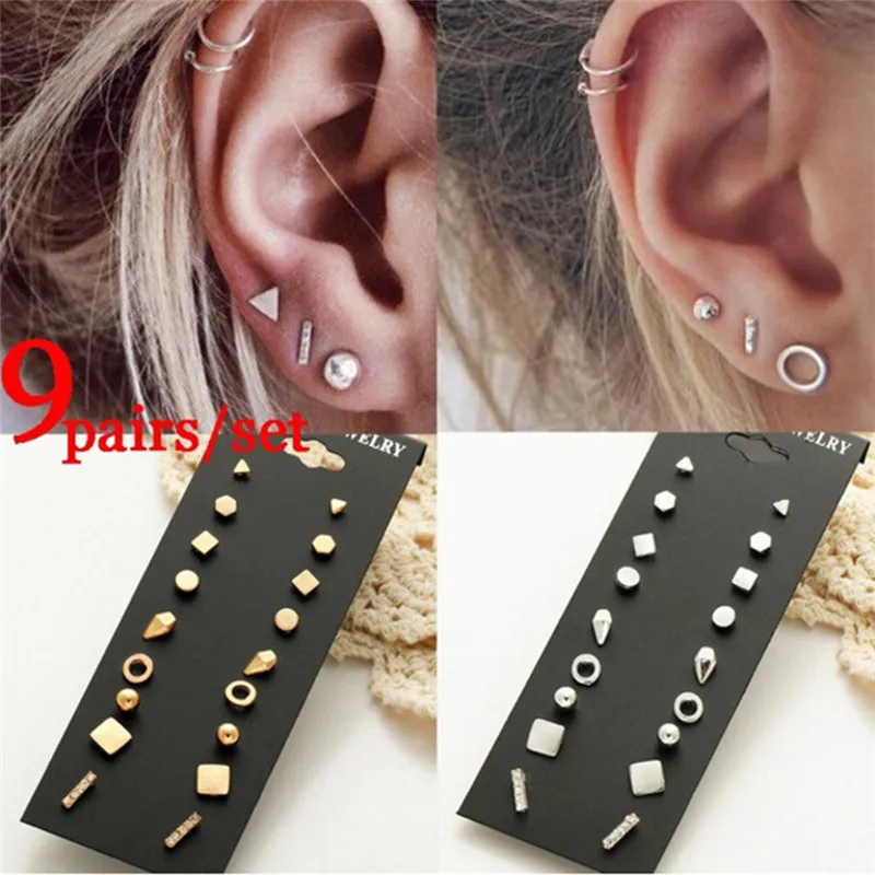 

9Pairs/set Gold/Silver Color Crystal Stud Earrings Set for Women Female Round Small Geometric Piercing Earrings for Party Gift