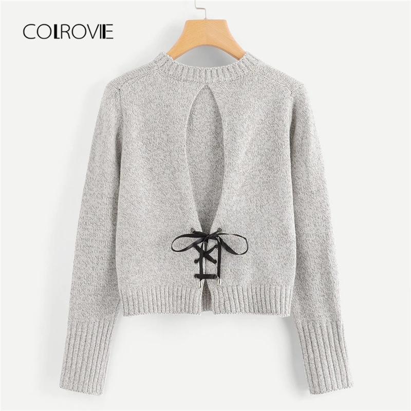 

COLROVIE Grey Solid Work Lace Up Back Knit Women Sweater 2018 Autumn Elegant Pullovers Ladies Jumper Streetwear Girls Sweaters