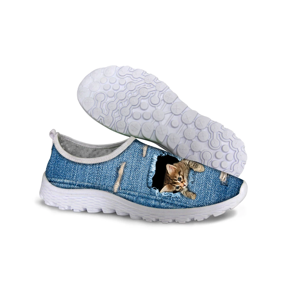 

NOISYDESIGNS Fashion Blue Denim Cute 3D Animal Cat Pet Dog Printed Women Casual Mesh Shoes Super Light Summer Spring Shoes flat