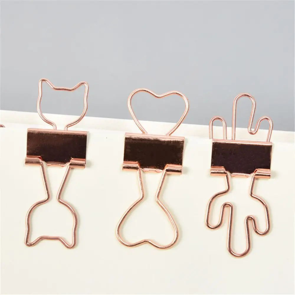 10pcs Cat Rose Gold Color Binder Clips Hollow Out Cactus Penguin Shape Metal Binder Clamps Photo Tickets Note Letter Paper Clips