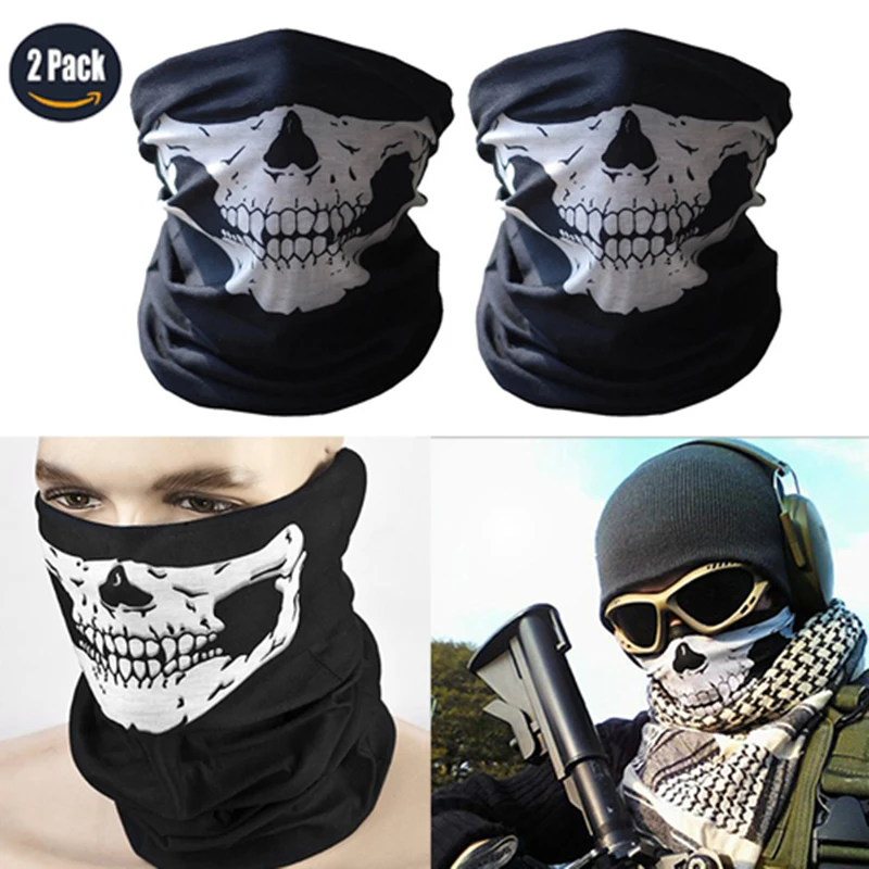 2 PCS Black Skull Motorcycle Face Mask Bicycle Multifunction Outdoor