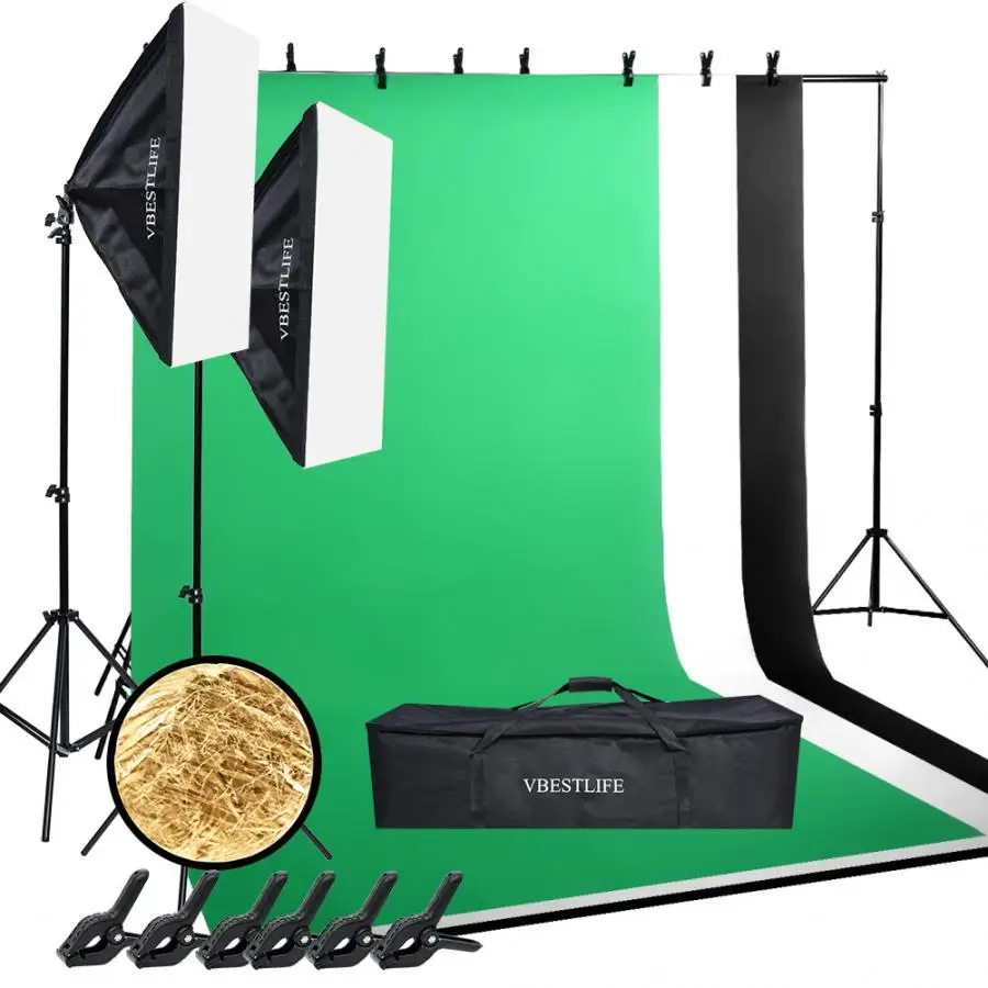 

photo studio kit=2*3m Backdrop Stand +1.6*3m Backdrop +50*70cm Softbox+Photography 135WLamp Bulb +2m Light Stand+Reflector Panel