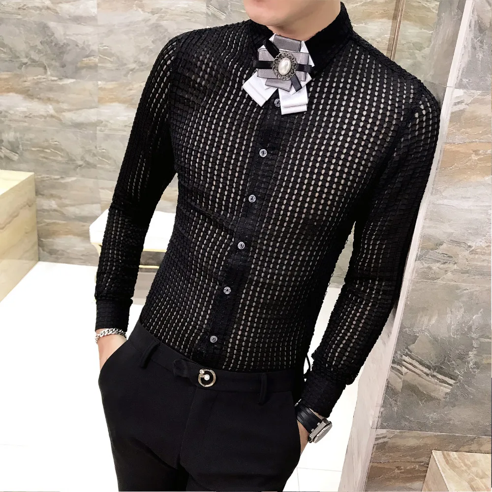 Горячая Распродажа Мужская рубашка Мода 2019 сексуальный полый смокинг Slim Fit