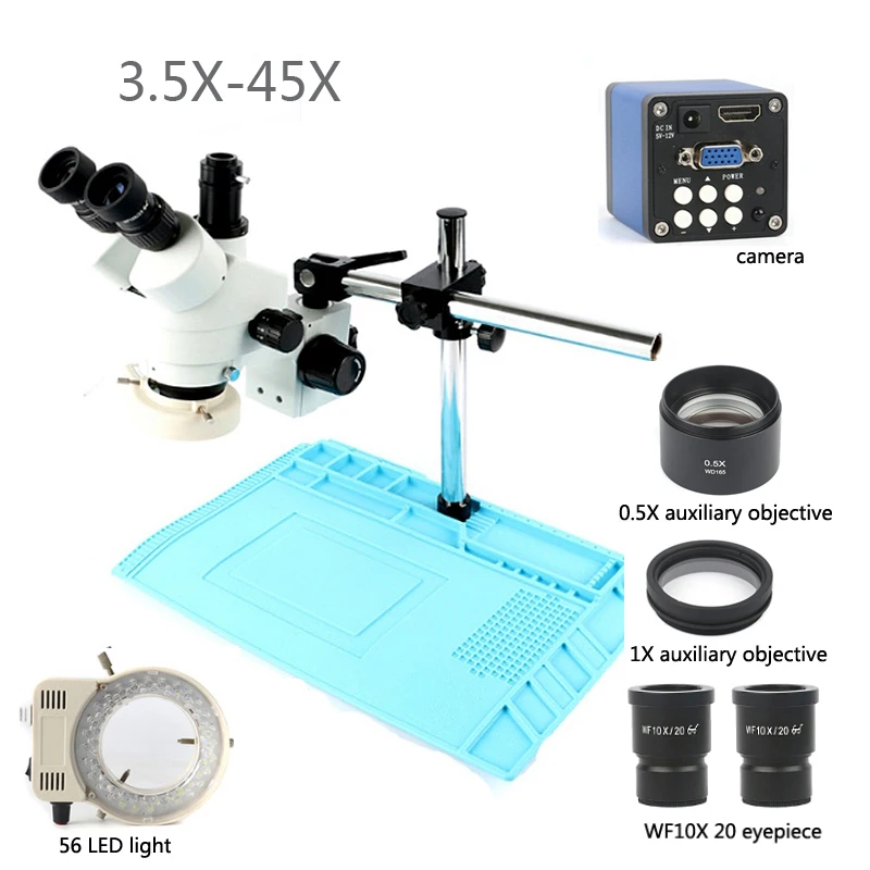 

New HD 13MP HDMI VGA Industrial Microscope Camera + Trinocular Industrial Stereo Microscope +0.5X 1X Lens +56 LED Light
