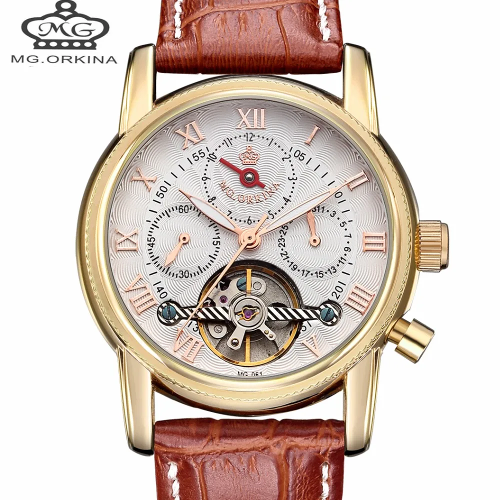 

Relogio Masculino ORKINA Tourbillon Mens Watches Top Brand Luxury Gold Men Watch Automatic Mechanical Leather Wristwatches