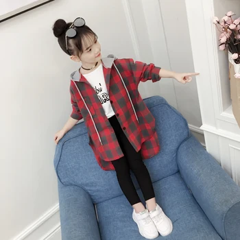 

4-13 years old 100-160 cm height girls jacket plaid hooded coat spring and autumn coat hot all-match gift for kids long outwear
