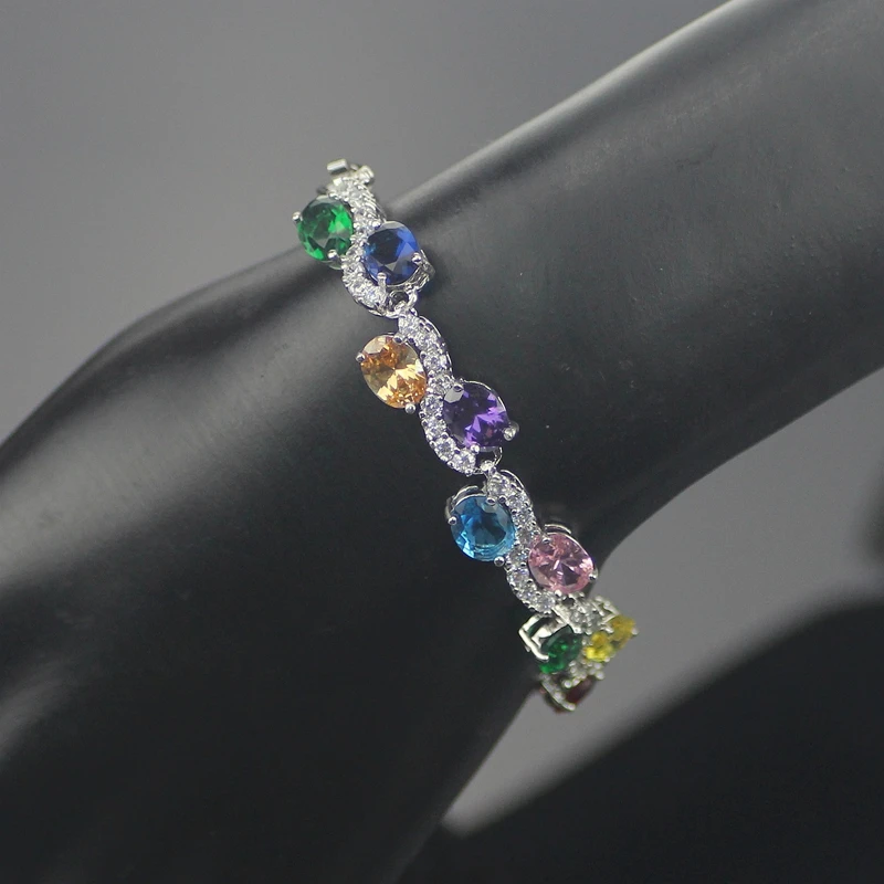 

Multi Color Cubic Zirconia Women Sterling Silver Bracelets Lenth 7 Inch Free Gift Box&Free Shipping