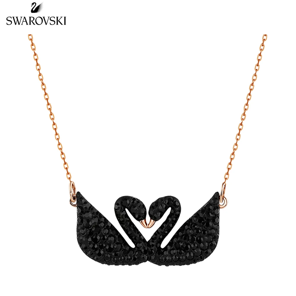 

Original Genuine Swarovski Women's Swan Double Black Swan Crystal Necklace Rose Gold Long Necklace Women's 925 Jewelry5296468