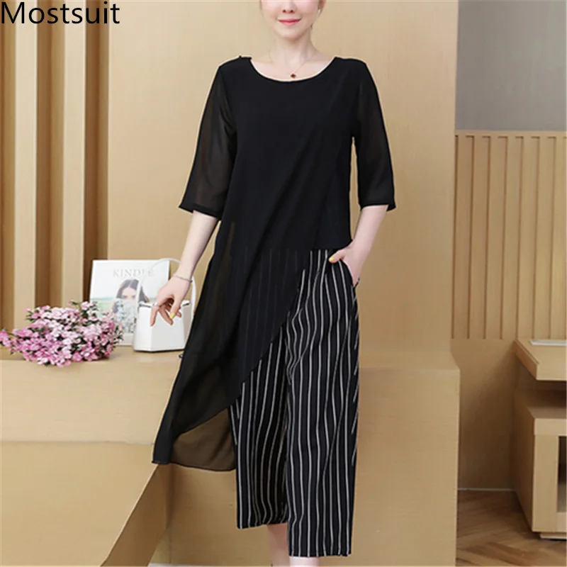 

2019 Summer Black Two Piece Sets Women Plus Size Long Blouses And Striped Cropped Pants Suits Office Korean Women's 2 Piece Sets