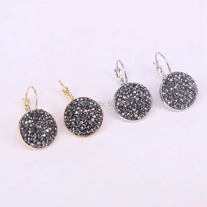 

10Pairs Black crystal rhinestone pave ear hook earrings, 18mm, round shape , silver gold color crystal paved earring ZYZ160-0337