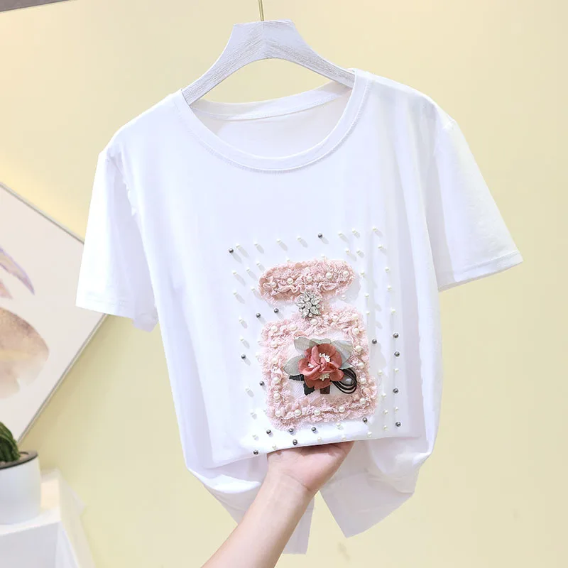

2019 summer new beaded three-dimensional flower round neck short-sleeved T-shirt casual wild top