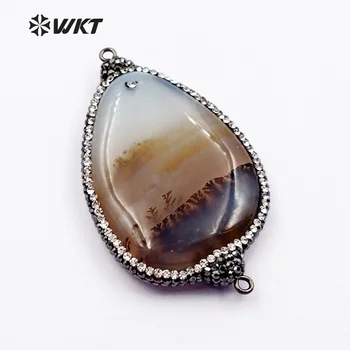 

WKT WT-NP357 Wholesale Fashion Moss gate Pendant with black Gun Electroplated Natural Gate Stone Pendant with Rhinestone