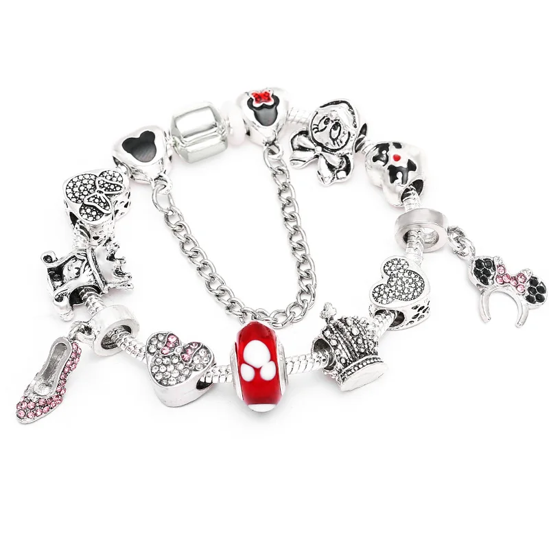 Хрустальные бусины Микки Серебряные болтаются браслет для женщин и детей с красным кристаллом прекрасный браслет ювелирное изделие подарок - Окраска металла: Micke-5
