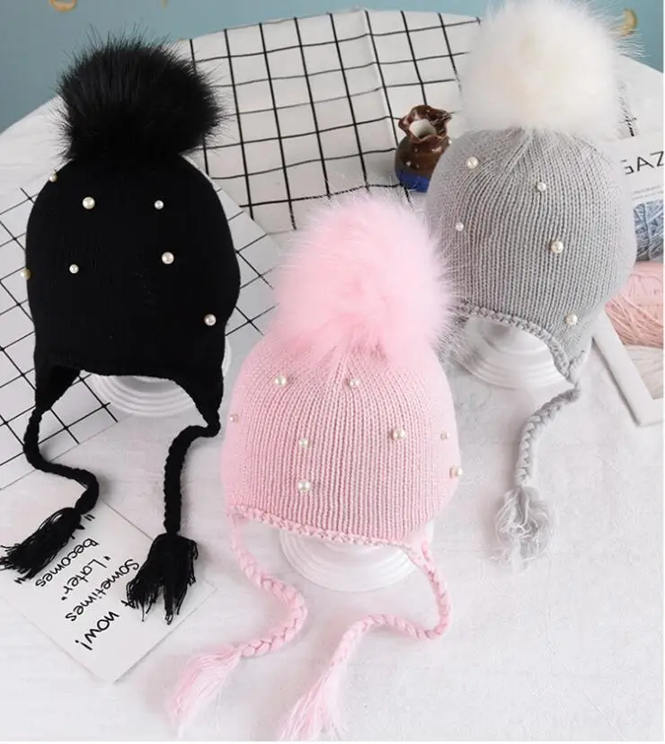 

Newborn cute babies Beanies caps Children Crochet Winter Warm Knit Hats Cap Baby Boy Girls beading Hair Ball Earbud Hat