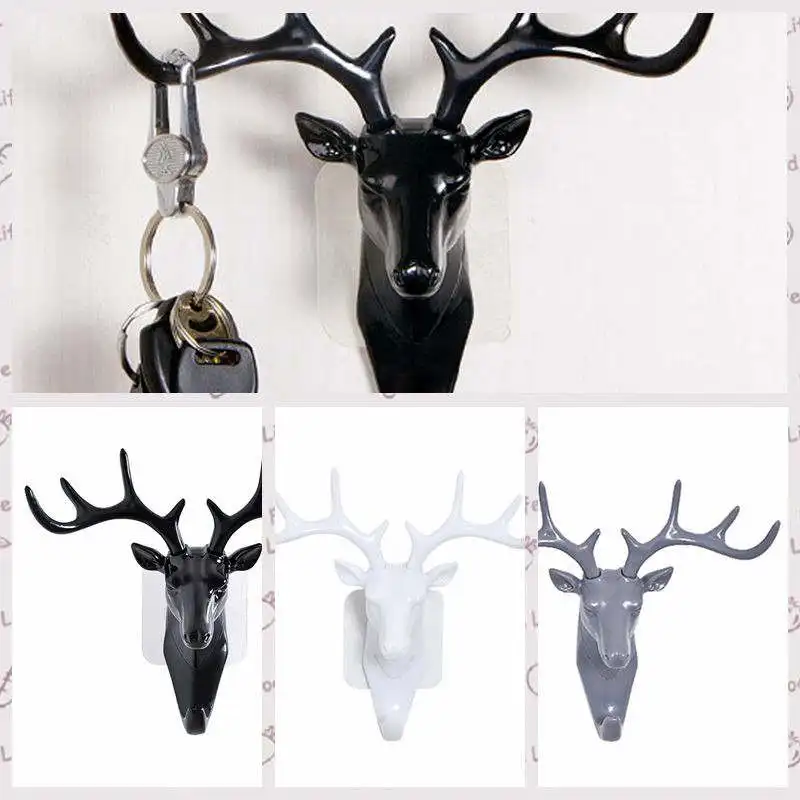 17*18,5 cmDeer head самоклеющиеся настенные дверные крючки, вешалка для ключей, липкий держатель, функциональный крючок, чугунный винтажный настенный черный 19mar19