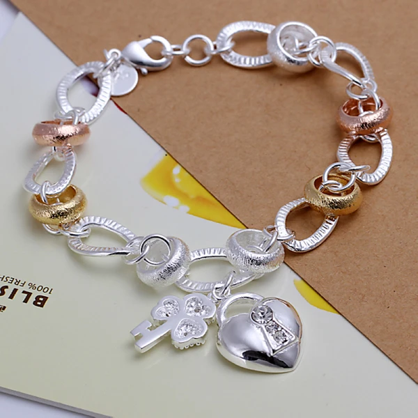 

wholesale 925 sterling silver bracelet,925 silver fashion jewelry charm bracelet rhinestone heart chain Bracelet for women SB233