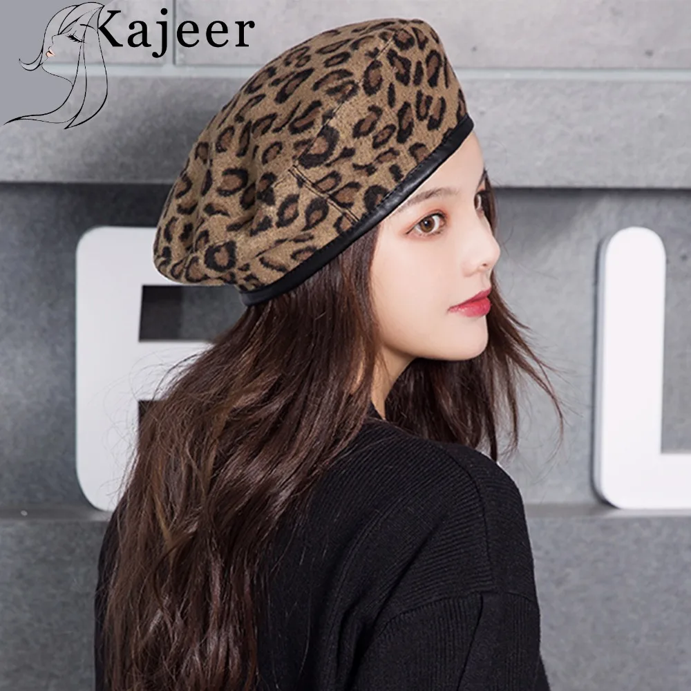 Leopard Beret Female Autumn Winter Hats For Women Vintage Painter Flat Cap Boina Feminina Fashion PU Brim Beanie