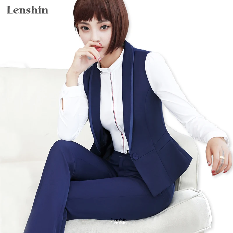 Lenshin 2 Piece Set Formal Pant Suit Contrast Collar Waistcoat Belt Blue Vest Women Sleeveless 