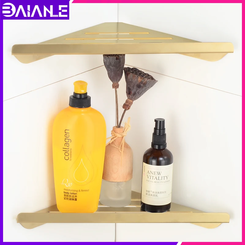 Bathroom Shelf Organizer Brushed Gold Stainless Steel Bathroom Shelves Wall Shelf Shower Storage Shampoo Rack WC Corner Basket