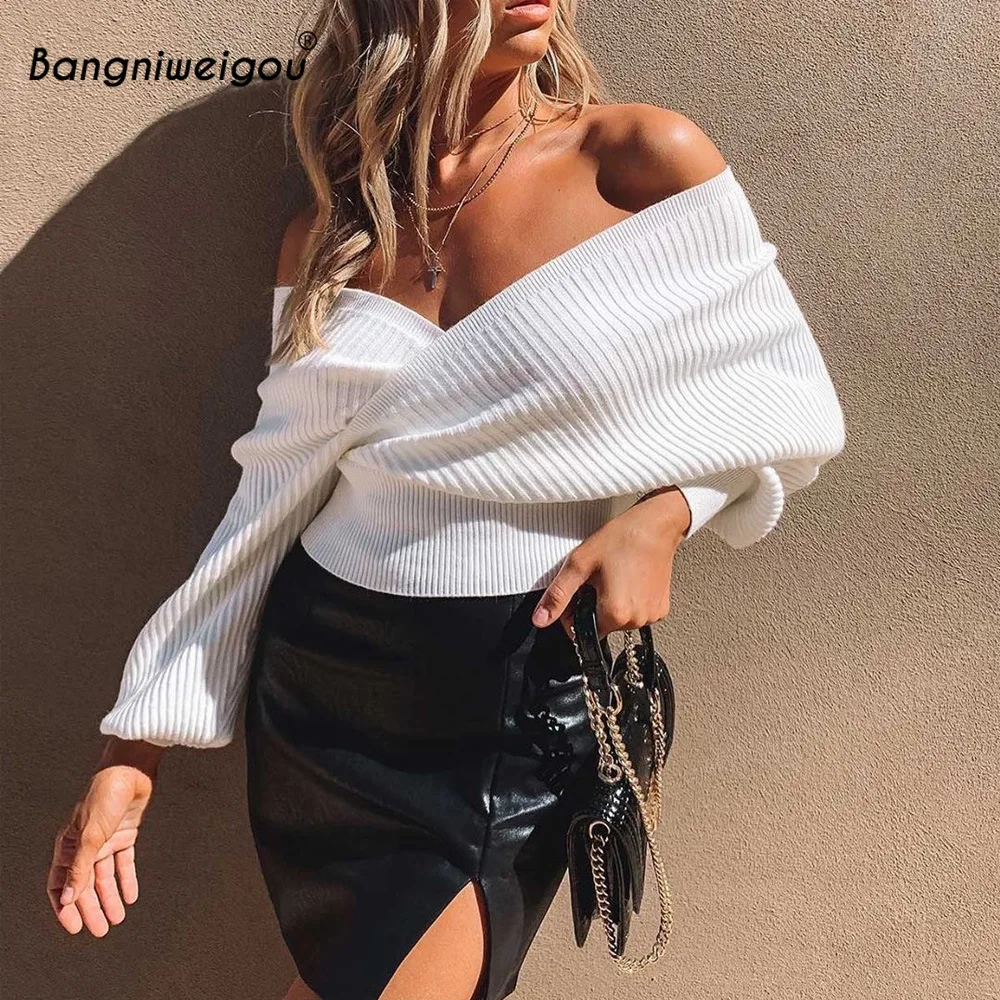 

Bangniweigou Off Shoulder Knit Short Sweater Top Women Autumn Cozy Sexy Crossover V Front Jumper Elegant Loose Knitwear 2019