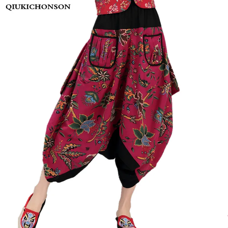 

Loose printed Cross-pants femme spring/summer 2018 bohemian cotton and linen pockets colorful plus size Ankle-Length Pants women
