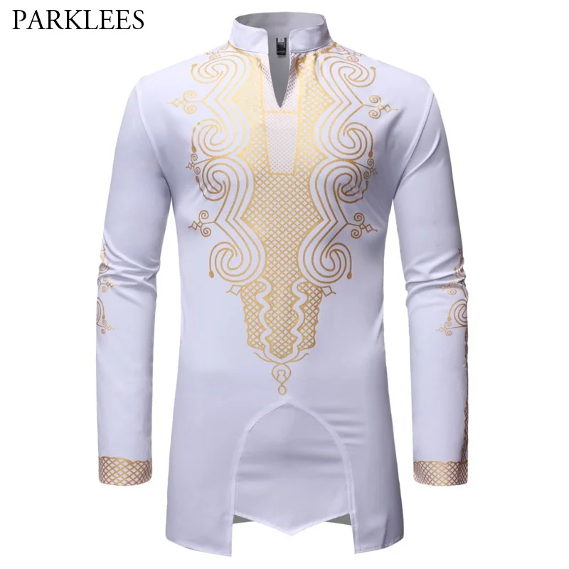 

Mens Hipster Longline White Shirt 2019 Brand New African Dashiki Print Shirt Men Slim Fit Long Sleeve African Shirts Male Camisa