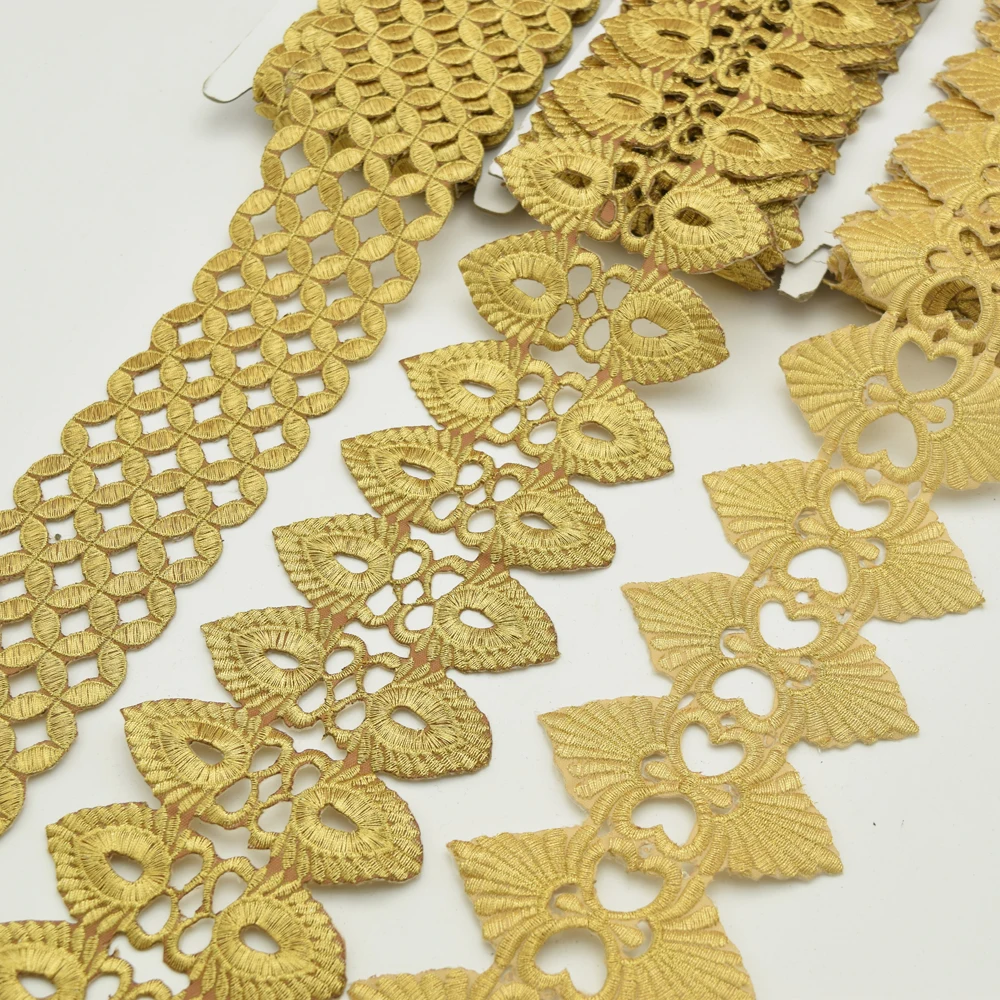 5Yards Black Fabric Lace Trim Gold Color Embroidery African lace trim