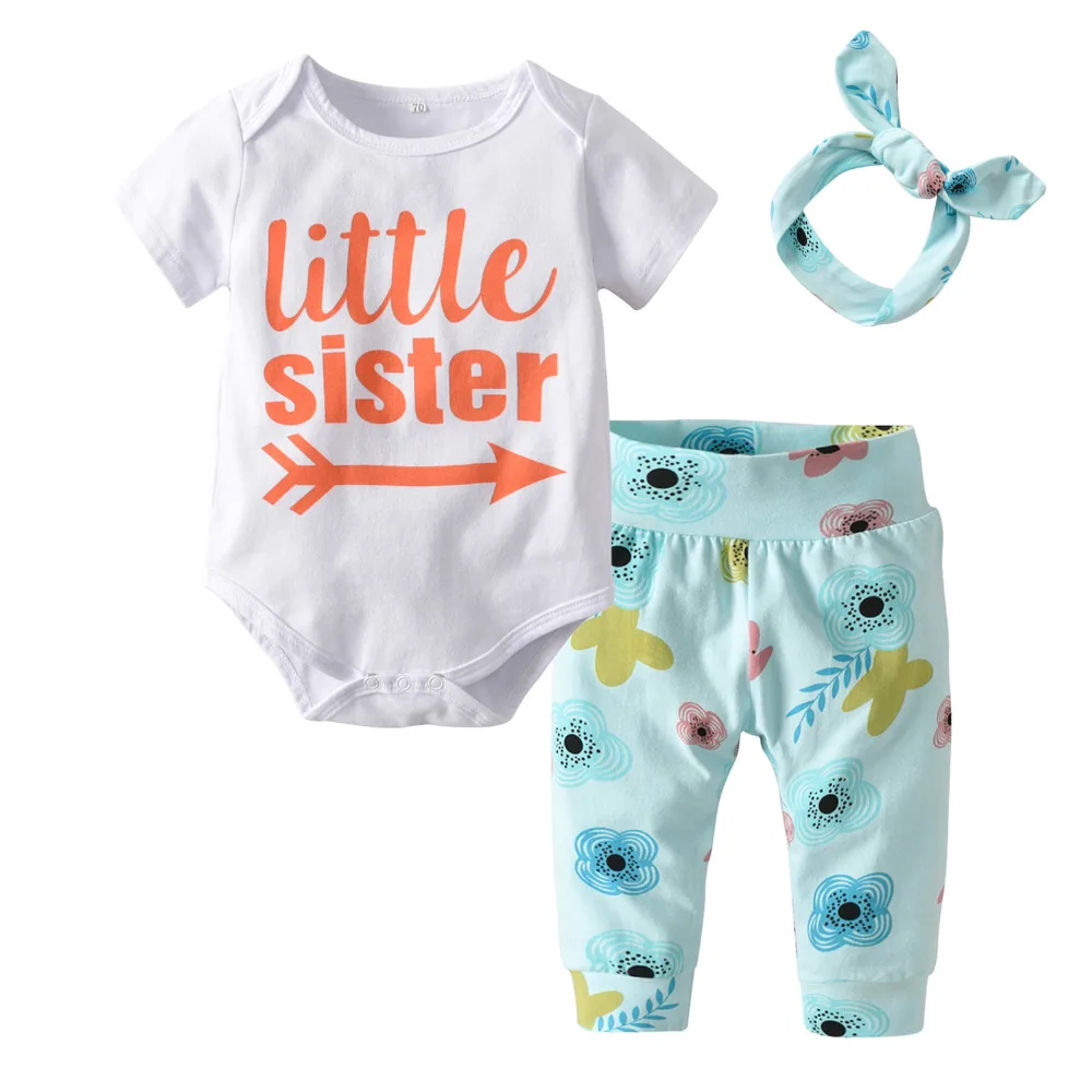 3Pcs Newborn Baby Girls Clothes Set Short Sleeve Letter Little Sister 