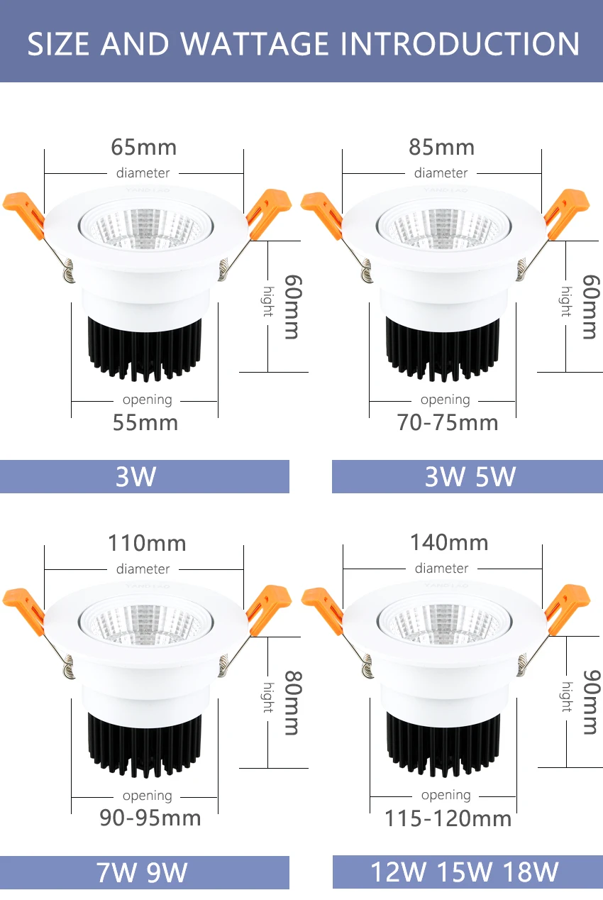 YANDIAO светодиодный светильник с регулируемой яркостью COB Потолочный Точечный светильник 3 Вт 5 Вт 7 Вт 9 Вт 12 Вт 15 Вт 18 Вт 85-265 в потолочный встраиваемый светильник s Внутреннее освещение