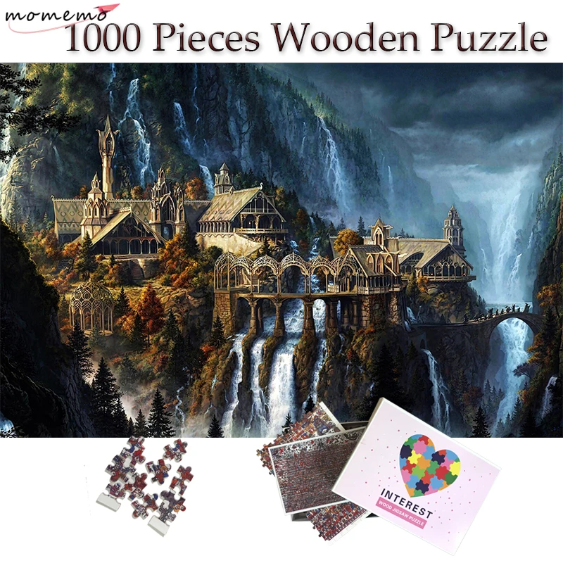 

MOMEMO The Elf Castle Plane 1000 Pieces Puzzle Wooden Jigsaw Puzzle 50*75cm Size Fantasy Landscape for Adults Teens Puzzles Toys