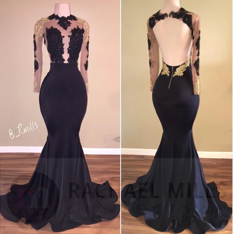 

Custom Made Black Long Sleeve Prom Dresses Mermaid 2019 Applique Mesh Prom Gown vestidos de festa gala Free Fast Shipping