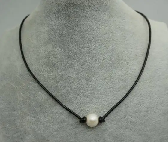 

Black Leather Pearl Necklace White Color Freshwater Pearl Choker Birthday Weeding Party Gift Jewelry Fashion Lady's Necklace