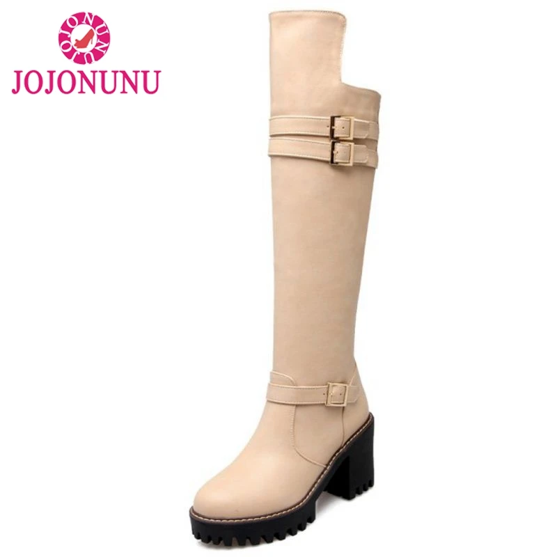 

JOJONUNU Concise Style Women Botas Knee High Knight Boots Woman Platform Round Toe Thick Heels Shoes Heeled Footwear Size 34-43