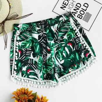 

Hot Short Women Summer Palm Leaf Print Pom Trim Shorts Green Tassels Shorts High Waist Tassels Trouser