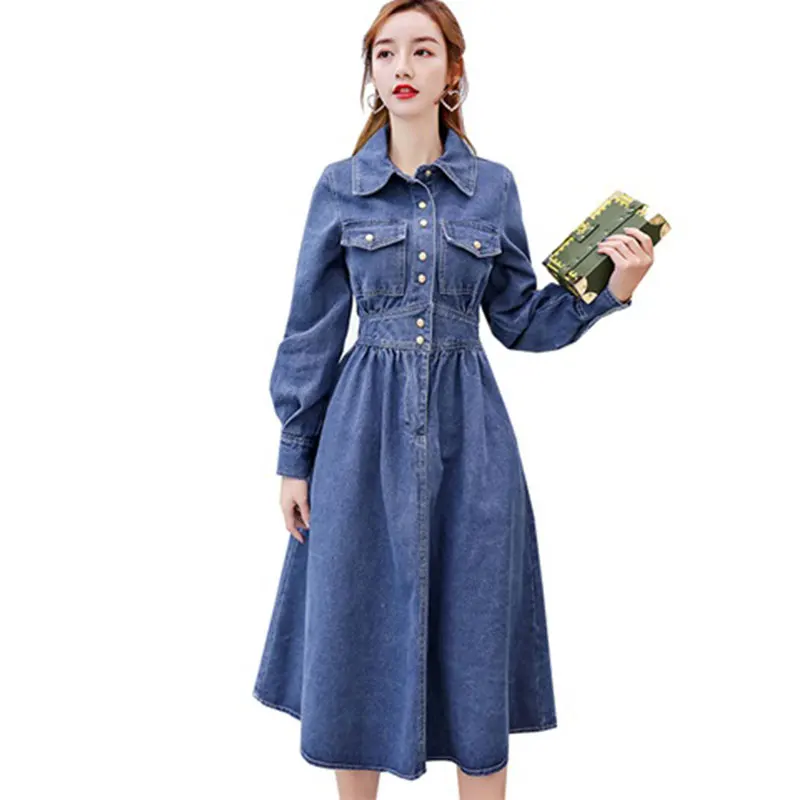

High Quality Denim Dress Women 2019 Spring Autumn Lapels Casual A-Line Jeans Dresses Female Elegant Medium-Long Lady Dress 887