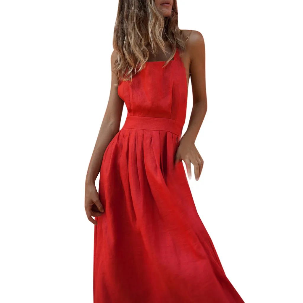 Dress Women Sexy Strap With Splicing Button Waist Pleated red casual