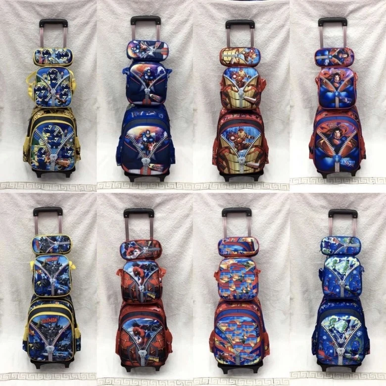 

3pcs/set Primary School Trolley Bags Iron Man Spiderman Batman Children Anime Backpack Schoolbag Child with Wheels 16