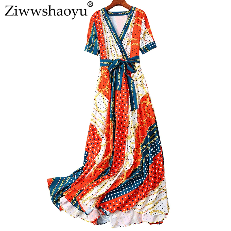 

Ziwwshaoyu Vacation V-Neck Long dresses Print Sashes elegant Big pendulum Beach dress Spring and summer new women's