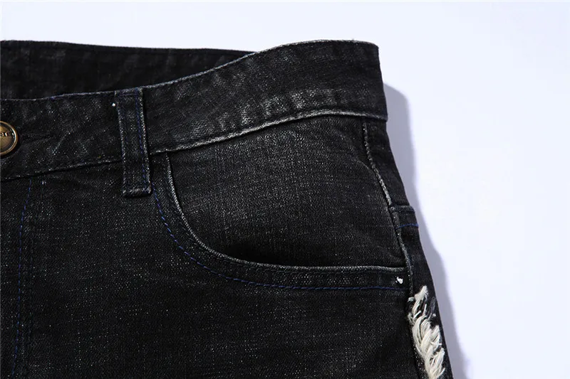 Высокое качество молнии мужские рваные байкерские джинсы хлопок черный Slim Fit мужской мотоцикл брюки мужские винтажные Проблемные