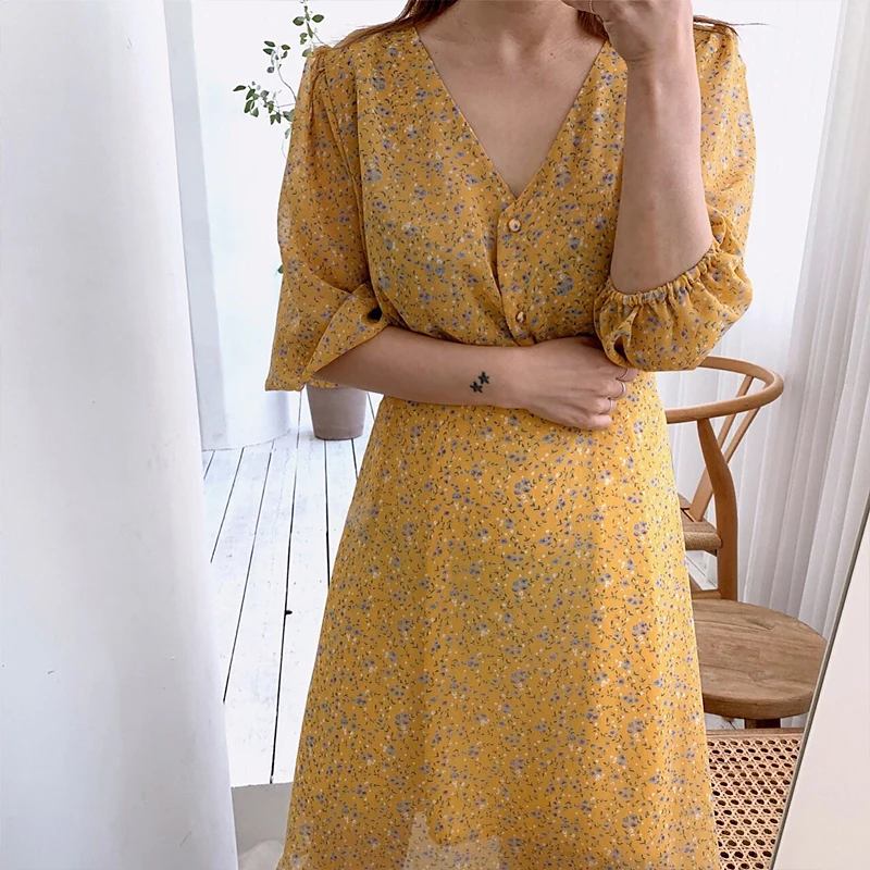 

Chic Retro Floral Lantern Sleeve Dress Women's Dresses Ins Girl Kawaii Ulzzang Female Vintage Harajuku Punk Clothes For Women