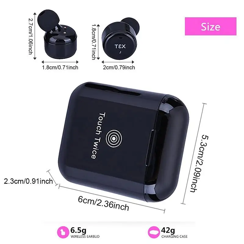 TCunPT New X3T Touch Control True Wireless Bluetooth Earbuds Earphone Mini Sport Earphones with Charging Case for Smart Phones