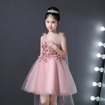 

Kids Girls Lace Formal Evening Wedding Gown Children Princess Appliques Mesh Party Dress Teens Girls Pearls Tulle Vestidos Q191