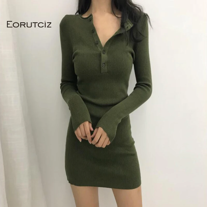 

EORUTCIZ Summer Sexy Dress Women Tunic Knitted Slim Mini Basic Dress Spring V Neck Long Sleeve Black Dress LM247
